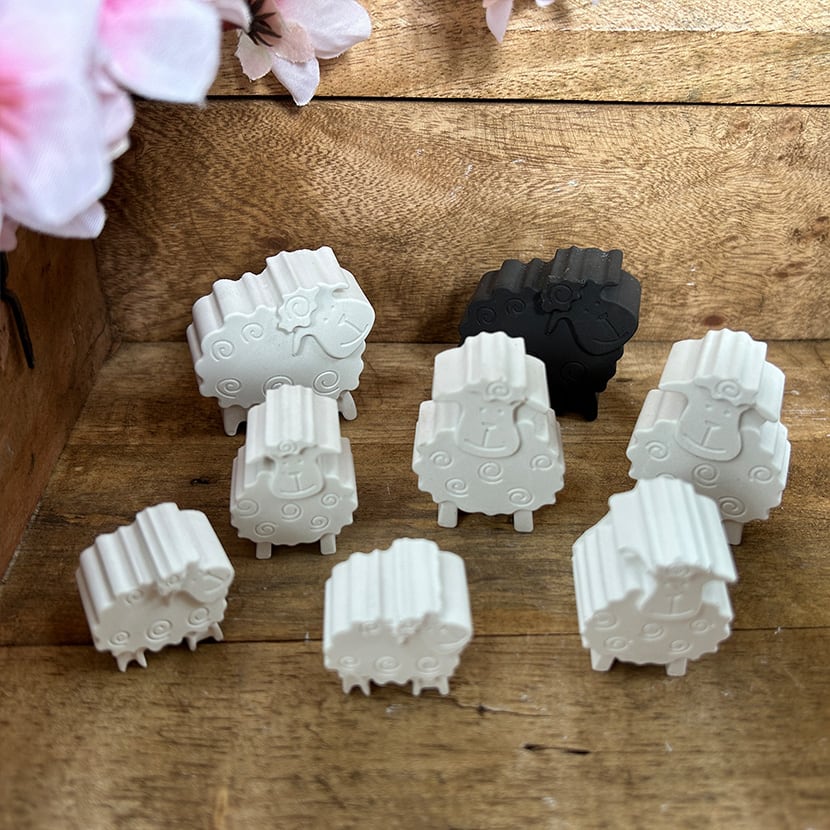 Schafherde in Weiß mit einem schwarzen Schaf