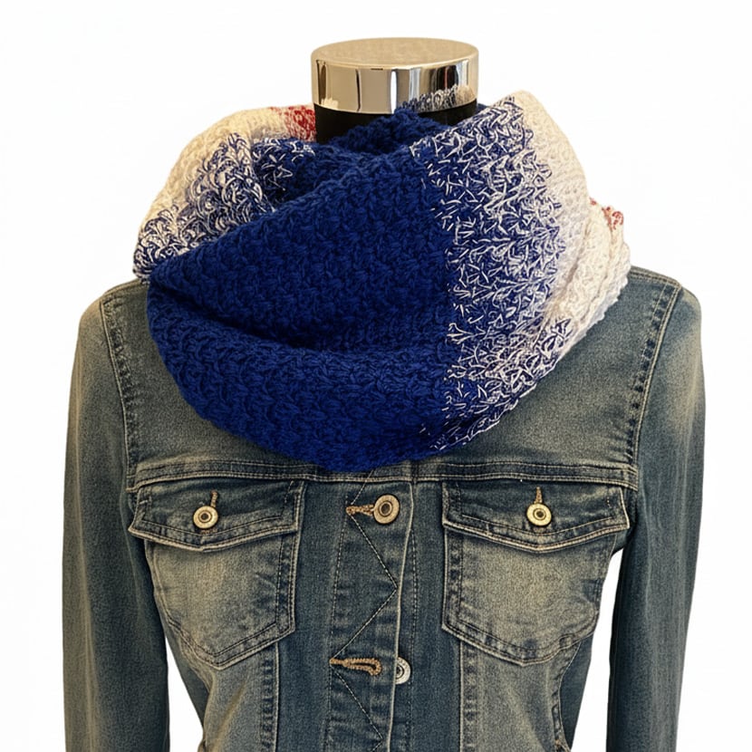 Handgehäkelter Loop in Islandfarben – Blau, Weiß und Rot im Muster „So easy“ aus Baumwolle und Acryl