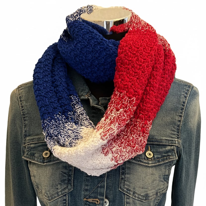 Handgehäkelter Loop in Islandfarben – Blau, Weiß und Rot im Muster „So easy“ aus Baumwolle und Acryl