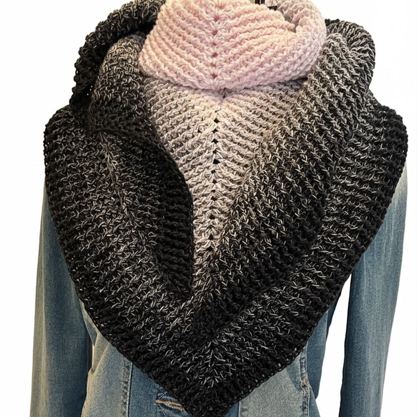 Handgehäkeltes Dreieckstuch im Muster „Talvi“ mit Farbverlauf von Rosa bis Schwarz – aus Baumwolle und Acryl