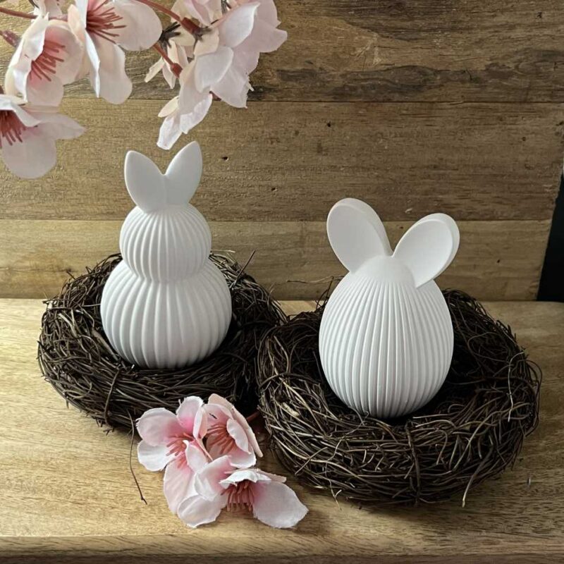 Keramikkunst aus Gießkeramik, handgefertigt in Solingen (Art.TSK-0091-HASEN-EIFORM-PLISSESTRUKTUR-SET-DEKO)