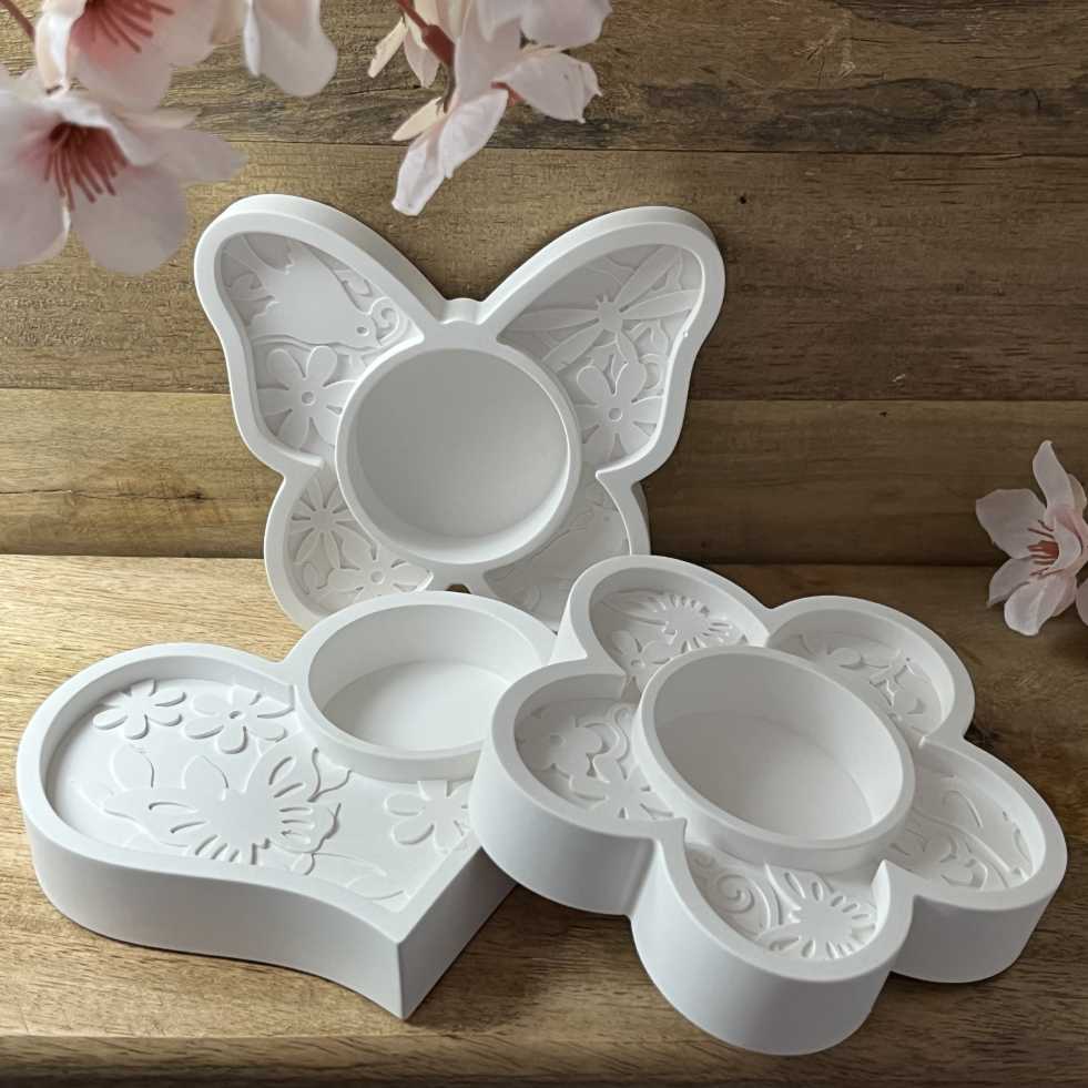 Keramikkunst aus Gießkeramik, handgefertigt in Solingen (Art.TSK-0094-TEELICHTHALTER-BLUME-HERZ-SCHMETTERLING-SET-BUND)