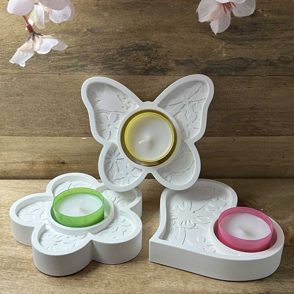 Keramikkunst aus Gießkeramik, handgefertigt in Solingen (Art.TSK-0094-TEELICHTHALTER-BLUME-HERZ-SCHMETTERLING-SET-DEKO)