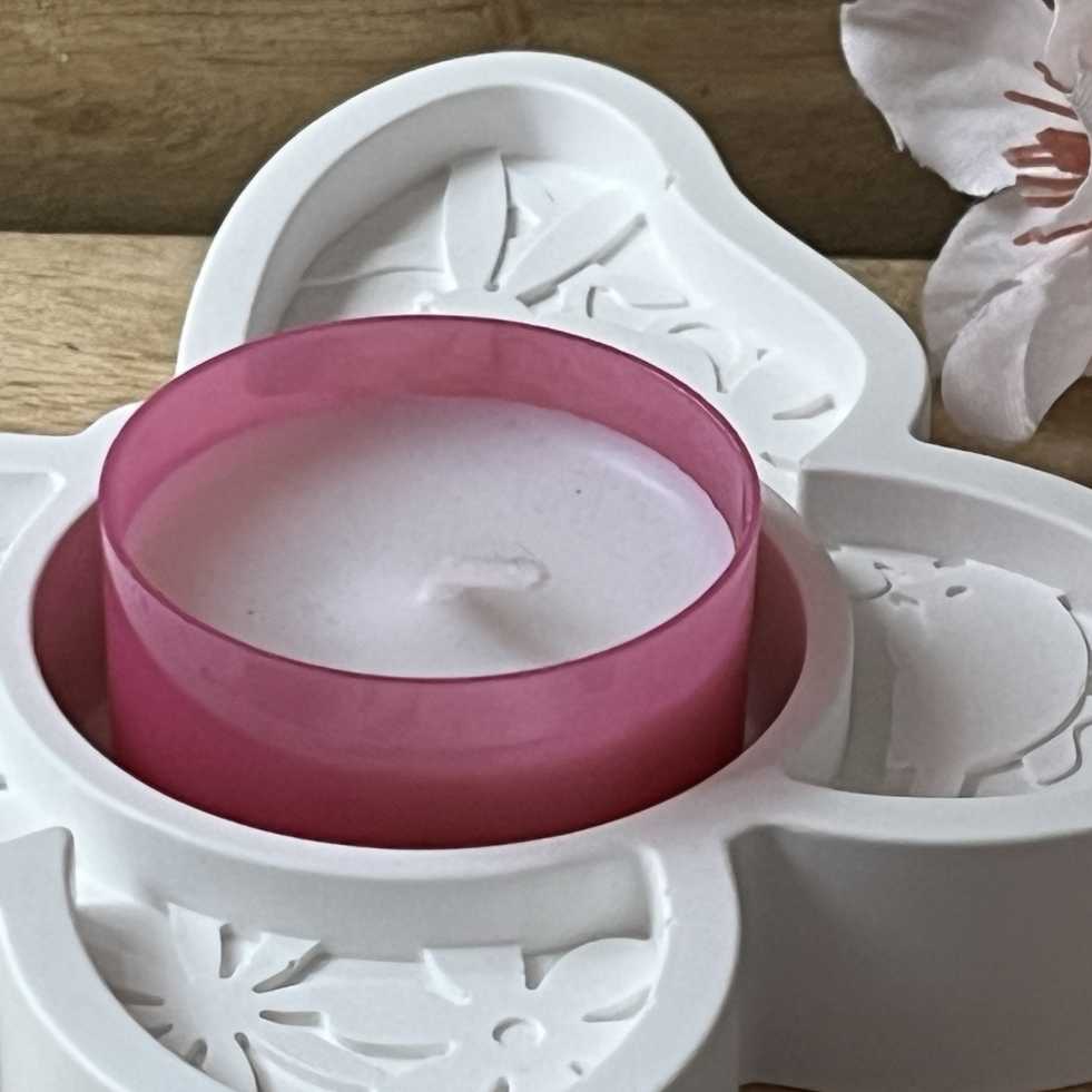 Keramikkunst aus Gießkeramik, handgefertigt in Solingen (Art.TSK-0094-TEELICHTHALTER-BLUME-HERZ-SCHMETTERLING-SET-DET)